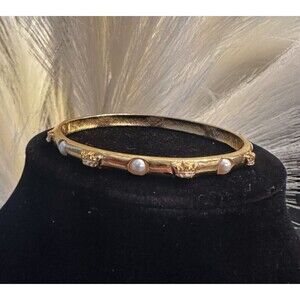 Vintage Fendi Gold Plated Bangle Bracelet | Faux Pearls & Crown Accents